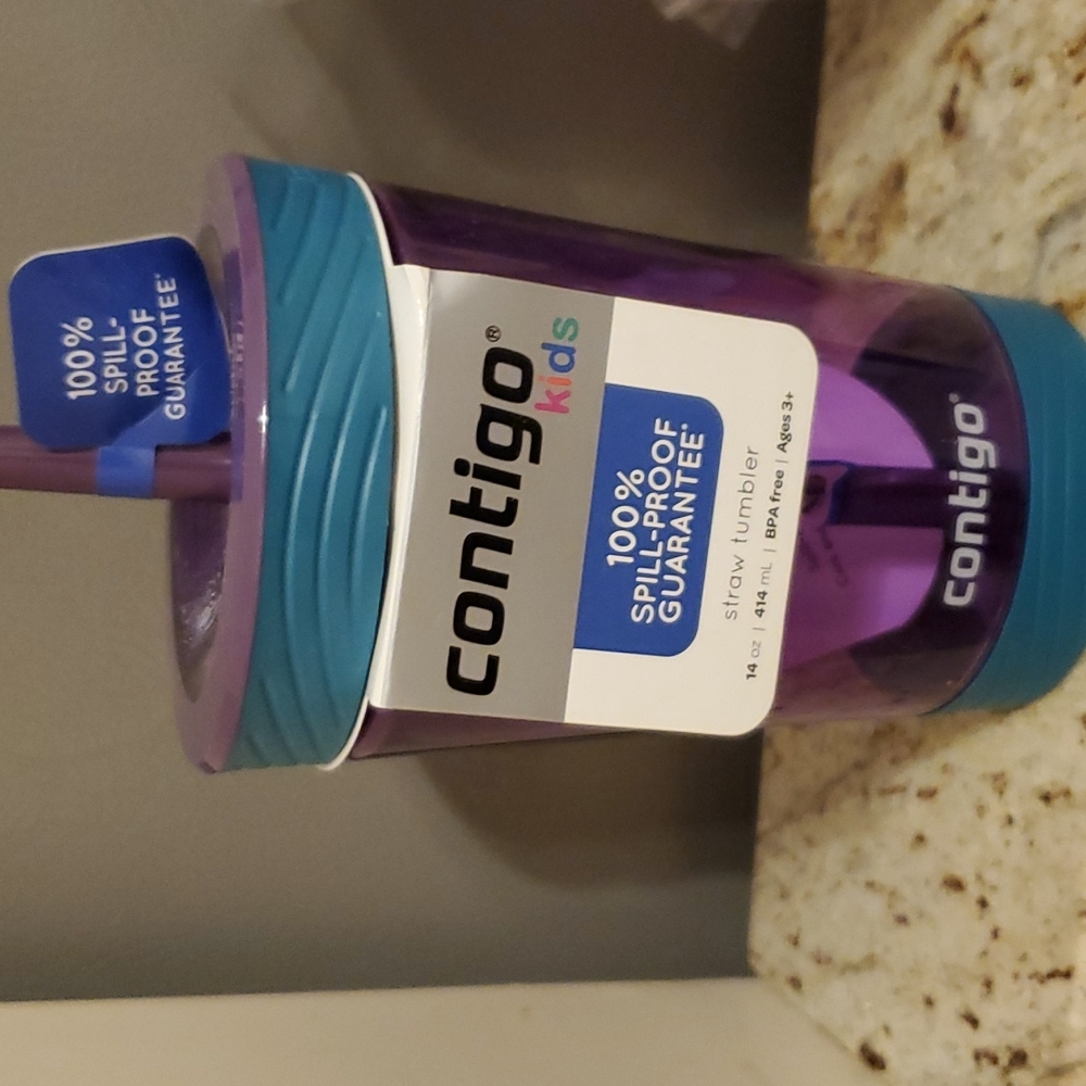 Contigo Kids plastic tumbler with straw.  Purple with blue trim.